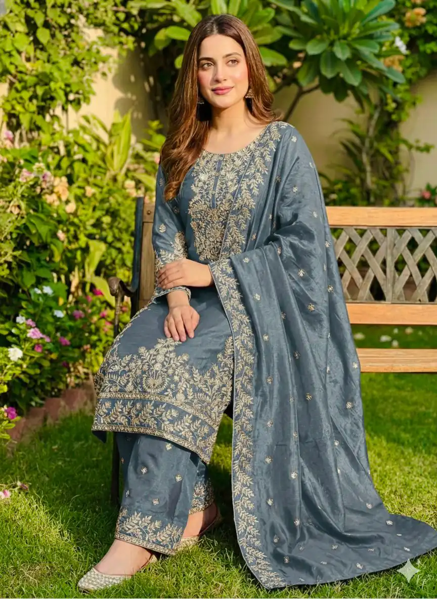 SRK 5316 Grey Organza Silk Salwar Suit Perfect for Wedding, Party, Makar Sankranti, Eid, Durga Puja – . Affordable Price ₹2149. Delivery 4-6 Workin | Jump Suits, Straight Suits, Casual Suits, Creative suits, Designer Suits, Palazzo Suits, Party Wear Suits, Patiala Suits, Salwar suit