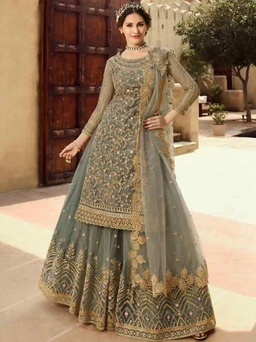 Grey Soft Net With Embroidery Work Salwar Suit