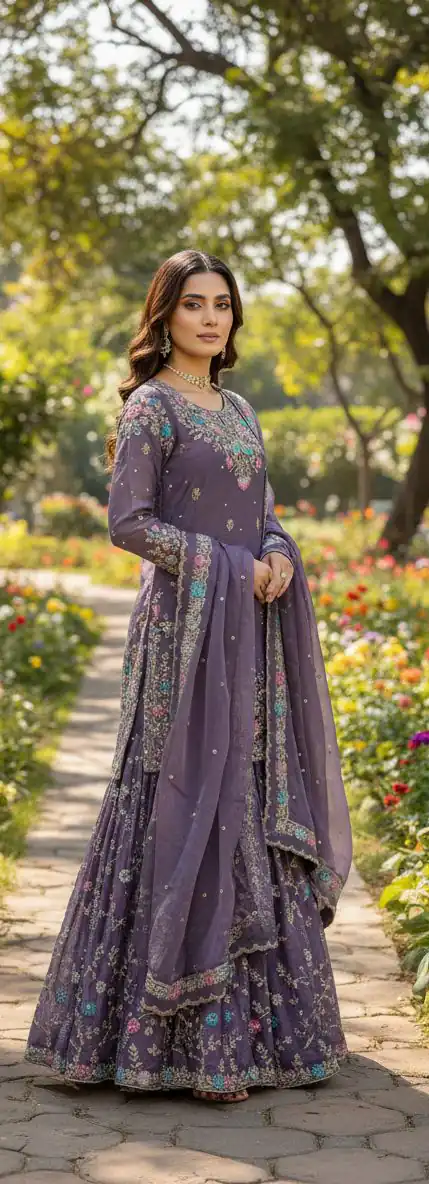 Lavender Organza Silk Sequence Moti Work Salwar Suit - Image 2