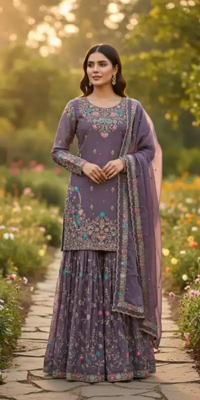 Lavender Organza Silk Sequence Moti Work Salwar Suit