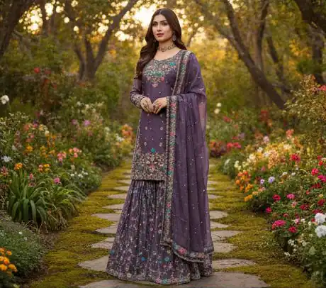 Lavender Organza Silk Sequence Moti Work Salwar Suit - Image 6