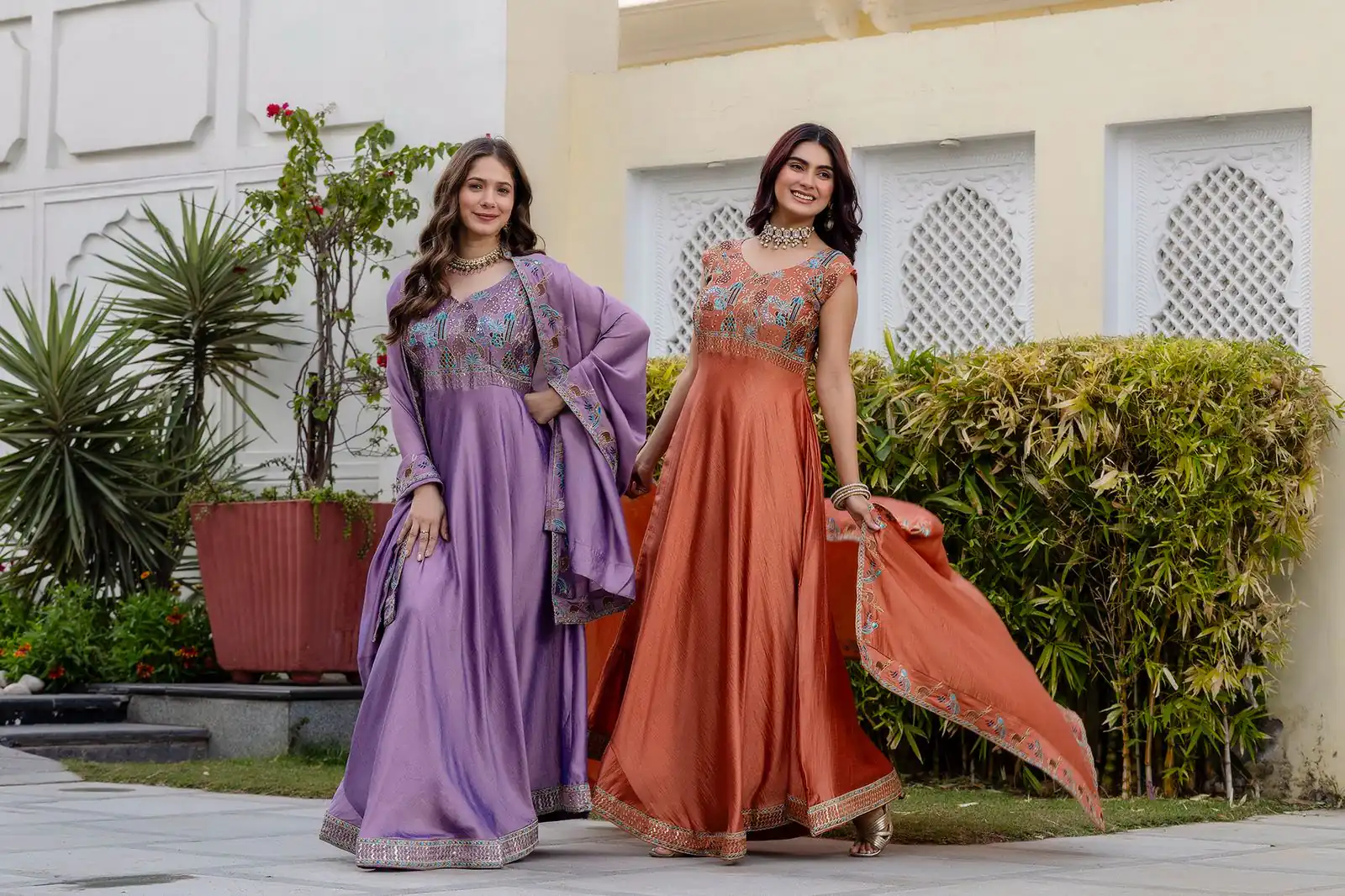 RR 39 Rust Lavender Silk Gown Perfect for Wedding, Party, Holi, Anniversary, Mehendi –. Grab it for ₹2149. Delivery 4-6 Working Days. Shop now. | Bollywood Gowns, Creative Gowns, Designer Gowns, Embroidered Gowns, Gowns, Party Wear Gowns