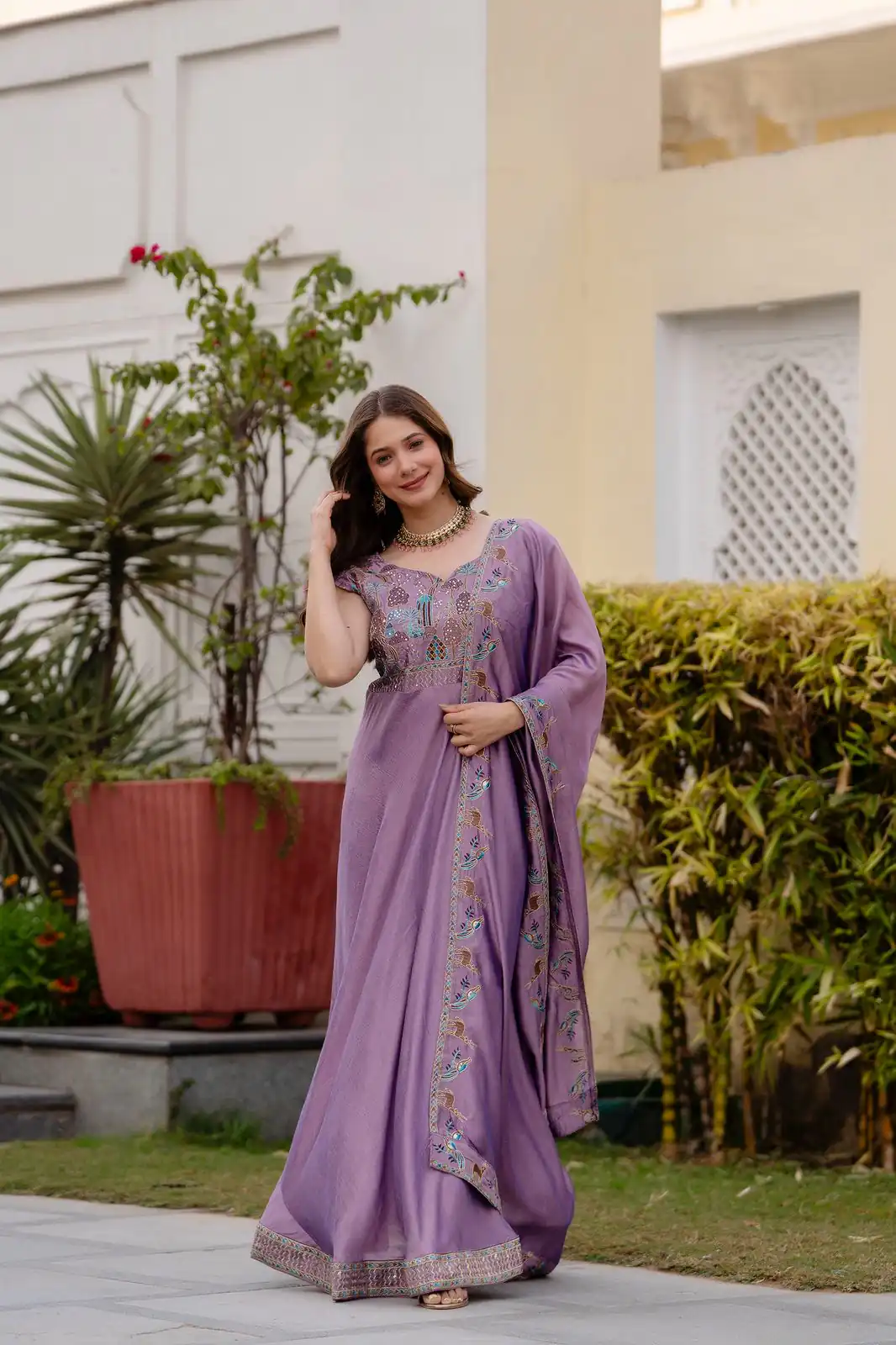 RR 39 Rust Lavender Silk Gown Perfect for Wedding, Party, Holi, Anniversary, Mehendi –. Grab it for ₹2149. Delivery 4-6 Working Days. Shop now. | Bollywood Gowns, Creative Gowns, Designer Gowns, Embroidered Gowns, Gowns, Party Wear Gowns