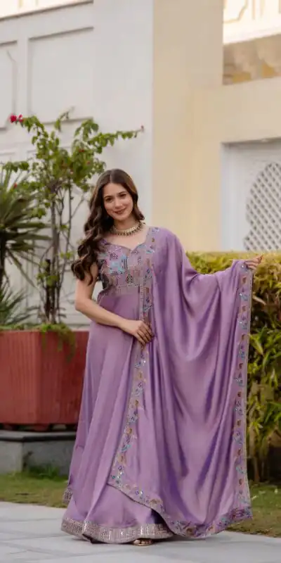RR 39 Rust Lavender Silk Gown Perfect for Wedding, Party, Holi, Anniversary, Mehendi –. Grab it for ₹2149. Delivery 4-6 Working Days. Shop now. | Bollywood Gowns, Creative Gowns, Designer Gowns, Embroidered Gowns, Gowns, Party Wear Gowns