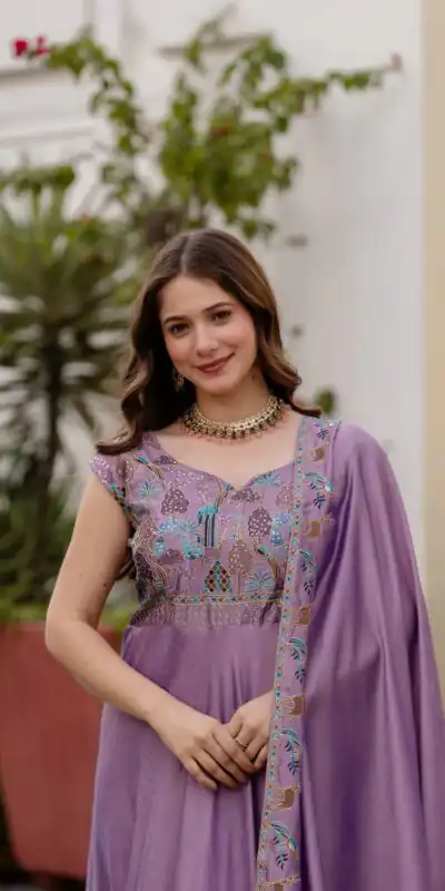 RR 39 Rust Lavender Silk Gown Perfect for Wedding, Party, Holi, Anniversary, Mehendi –. Grab it for ₹2149. Delivery 4-6 Working Days. Shop now. | Bollywood Gowns, Creative Gowns, Designer Gowns, Embroidered Gowns, Gowns, Party Wear Gowns