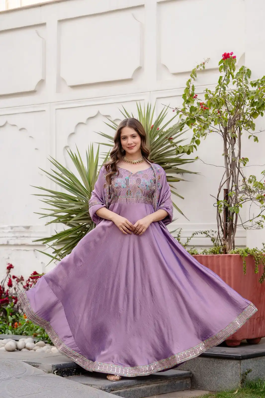 RR 39 Rust Lavender Silk Gown Perfect for Wedding, Party, Holi, Anniversary, Mehendi –. Grab it for ₹2149. Delivery 4-6 Working Days. Shop now. | Bollywood Gowns, Creative Gowns, Designer Gowns, Embroidered Gowns, Gowns, Party Wear Gowns