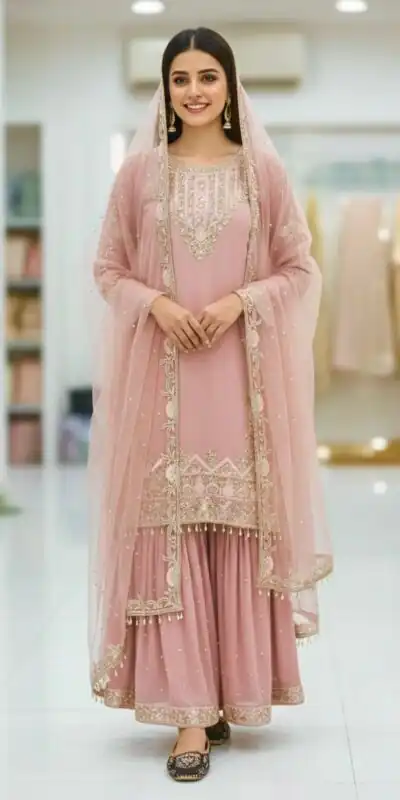 MT 1064 Light Pink Faux Georgette Salwar Suit Perfect for Wedding, Party, Family Gatherings, Sangeet, Housewarming – . Affordable Price ₹2099. Days | Jump Suits, Straight Suits, Casual Suits, Creative suits, Designer Suits, Palazzo Suits, Party Wear Suits, Patiala Suits, Salwar suit