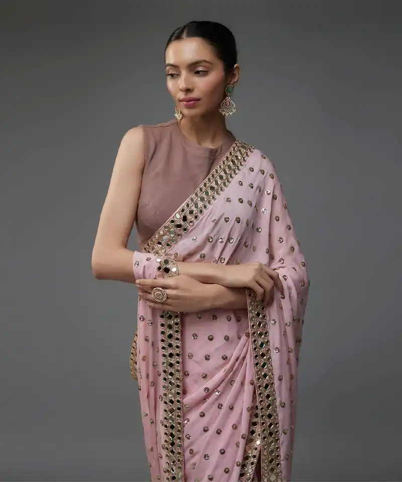 Light Pink Faux Georgette Mirror Sequins Work Saree - Image 3