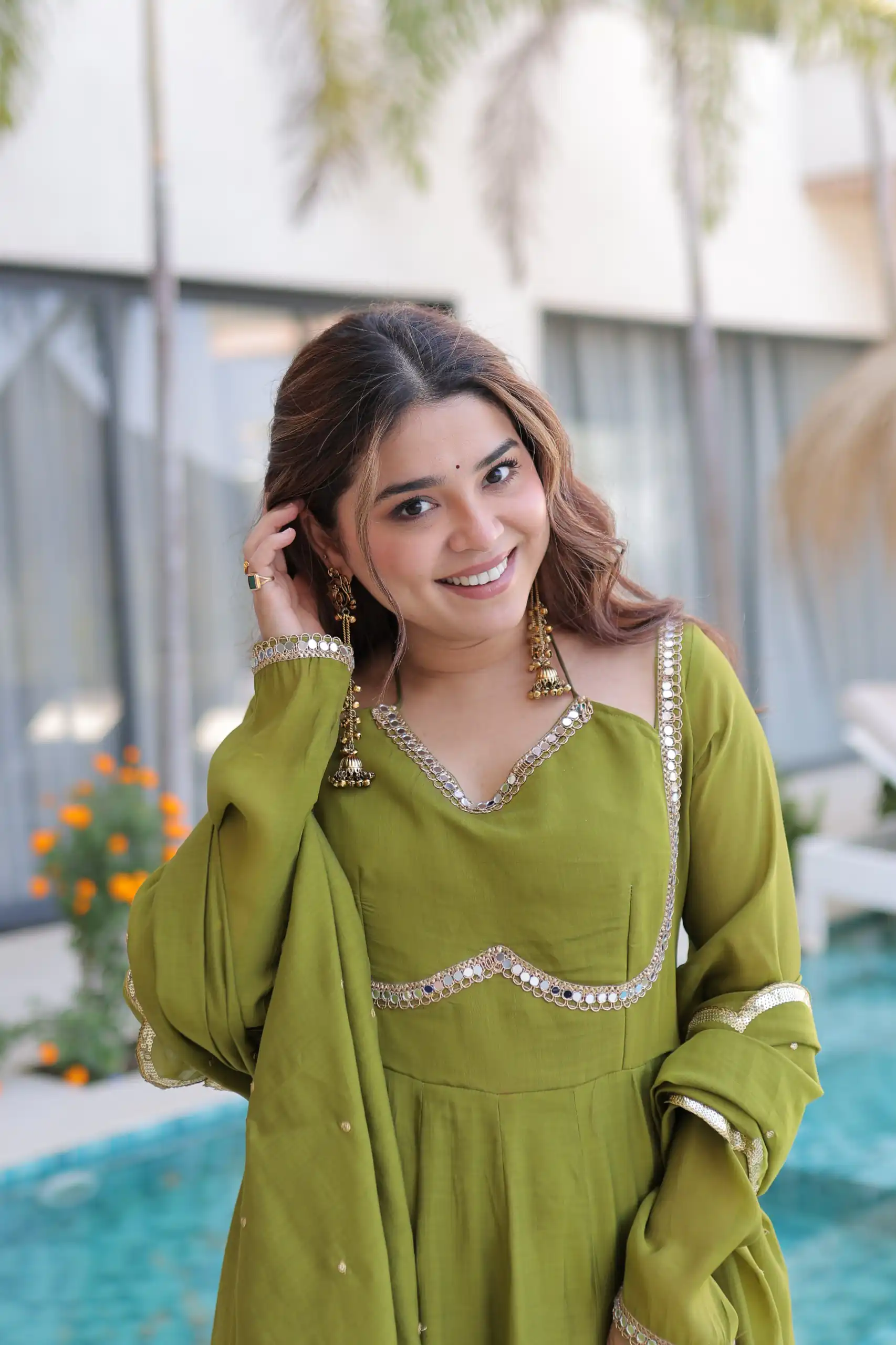 KA 1237 Mehendi Mul Chanderi Anarkali Suit with Embroidery Work & Mirror Work. Grab it for ₹2449. Delivery 4-6 Working Days. Shop now. | Anarkali Suits, Bollywood Anarkali, Creative-Anarkali, Designer Anarkali, Embroidered Anarkali, Party Wear Anarkali