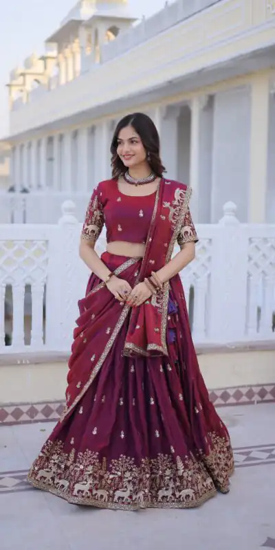 KA 5067 Maroon in Fendi Silk Embroidery Work & Zari Work Lehenga Choli . Affordable Price ₹3049. Delivery 4-6 Working Days. Shop now. | Bollywood Lehenga, Creative Lehenga, Designer Lehenga, Embroidered Lehenga, Lehenga, Party Wear Lehenga