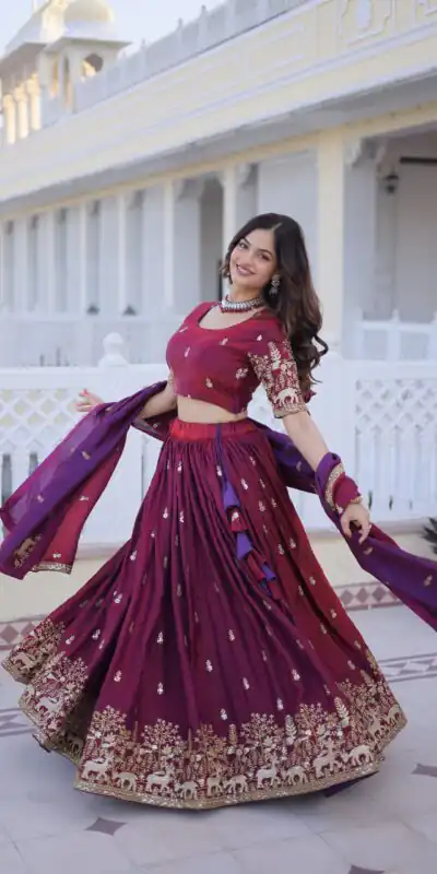 KA 5067 Maroon in Fendi Silk Embroidery Work & Zari Work Lehenga Choli . Affordable Price ₹3049. Delivery 4-6 Working Days. Shop now. | Bollywood Lehenga, Creative Lehenga, Designer Lehenga, Embroidered Lehenga, Lehenga, Party Wear Lehenga