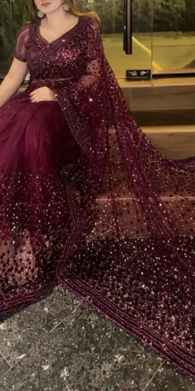 FB L307 Wine Sequins Work Saree in Wine Net. Available at ₹2599 only. Wedding, Party, Festive, Events, Delivery 4-6 Working Days. Shop now. | Bollywood Sarees, Creative Sarees, Designer Sarees, Embroidered Sarees, Ethnic Saree, Modern Digital sarees, Party Wear Sarees, Sarees