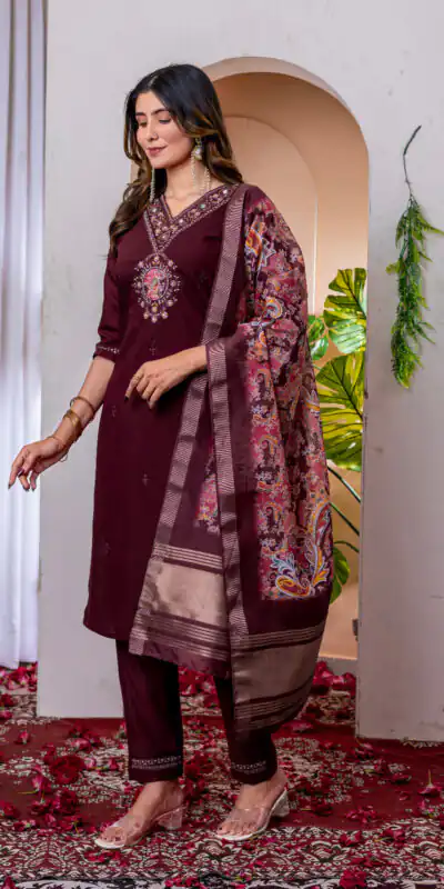 DIVA 112 Maroon Marina Silk Salwar Suit with Embroidery Work. Introductory Price ₹1999. Delivery 4-6 Working Days. Shop now. | Jump Suits, Straight Suits, Casual Suits, Creative suits, Designer Suits, Palazzo Suits, Party Wear Suits, Patiala Suits, Salwar suit