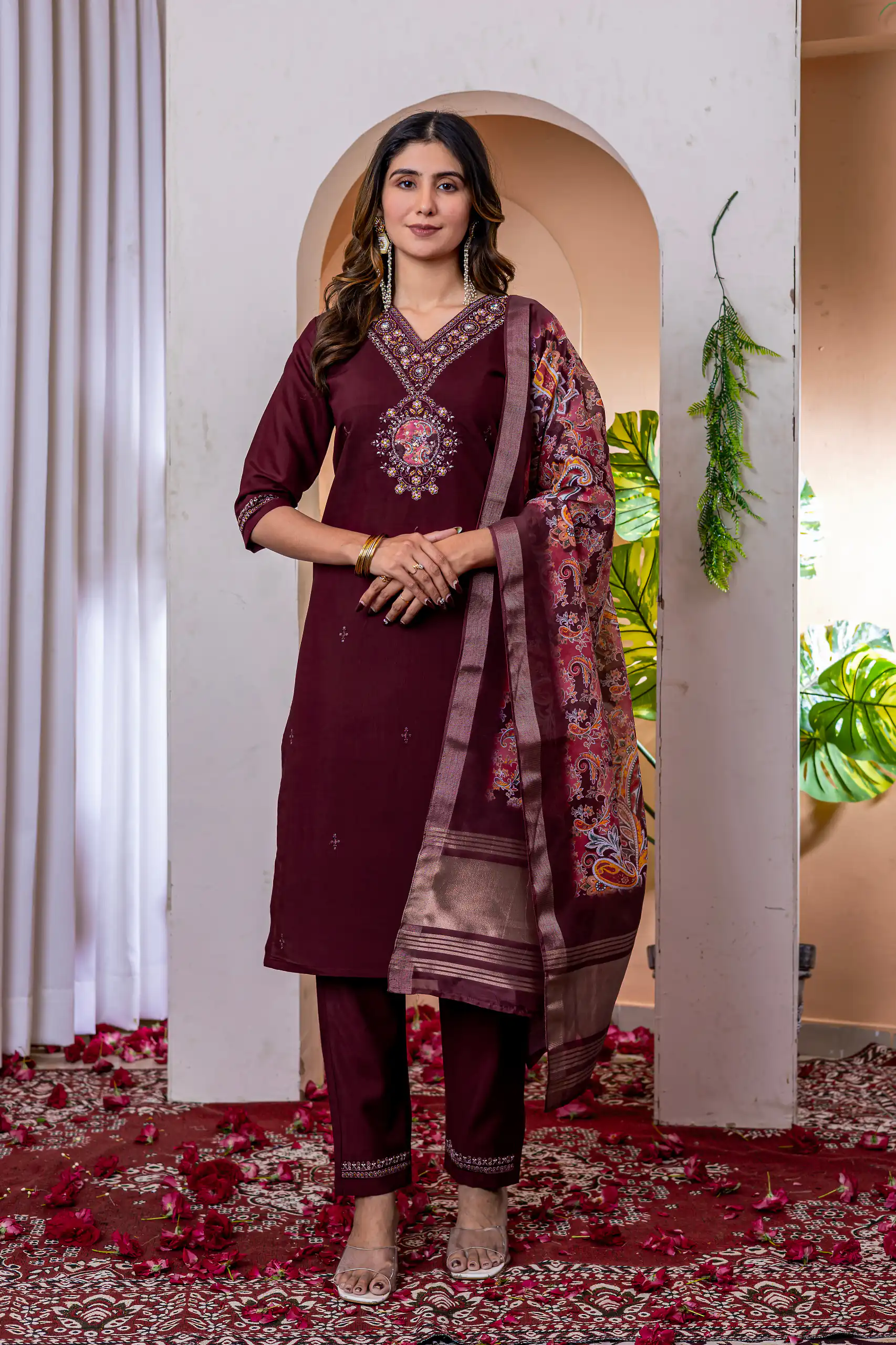 DIVA 112 Maroon Marina Silk Salwar Suit with Embroidery Work. Introductory Price ₹1999. Delivery 4-6 Working Days. Shop now. | Jump Suits, Straight Suits, Casual Suits, Creative suits, Designer Suits, Palazzo Suits, Party Wear Suits, Patiala Suits, Salwar suit