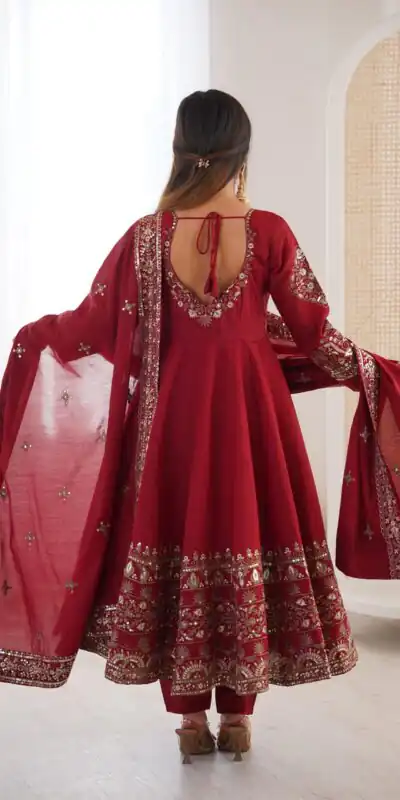 ZF 5016 Maroon Roman Silk Gown with Embroidery Work. Wedding, Party, Festive, Events, Navratri, Exclusive Offer ₹2499. Delivery 4-6 Working Days. Shop now. | Bollywood Gowns, Creative Gowns, Designer Gowns, Embroidered Gowns, Gowns, Party Wear Gowns