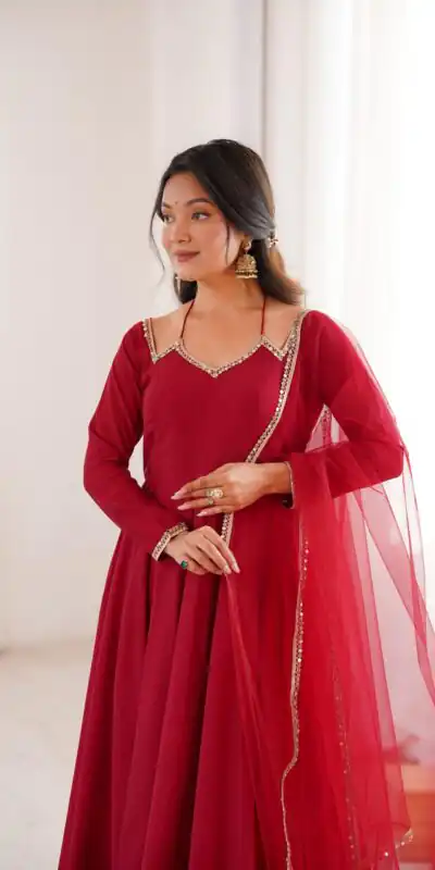 KB 293 Maroon Soft Nylon Net Anarkali Suit with Mirror Work & Lace Work. Get it for ₹1999. Delivery 4-6 Working Days. Shop now. | Anarkali Suits, Bollywood Anarkali, Creative-Anarkali, Designer Anarkali, Embroidered Anarkali, Party Wear Anarkali
