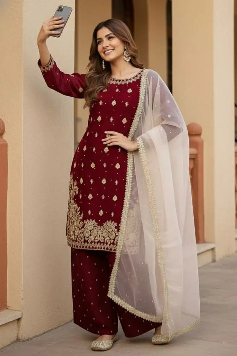KF 1717 Maroon Zimmy Silk Salwar Suit with Lace Work & Embroidery Work. Affordable Price ₹2149. Delivery 4-6 Working Days. Shop now. | Jump Suits, Straight Suits, Casual Suits, Creative suits, Designer Suits, Palazzo Suits, Party Wear Suits, Patiala Suits, Salwar suit