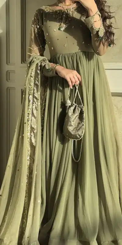 JF 014 Mehendi Faux Georgette Sequence Work Gown Gown. Wedding, Party, Festive, Events Grab it for ₹1949. Delivery 4-6 Working Days. Shop now. | Bollywood Gowns, Creative Gowns, Designer Gowns, Embroidered Gowns, Gowns, Party Wear Gowns