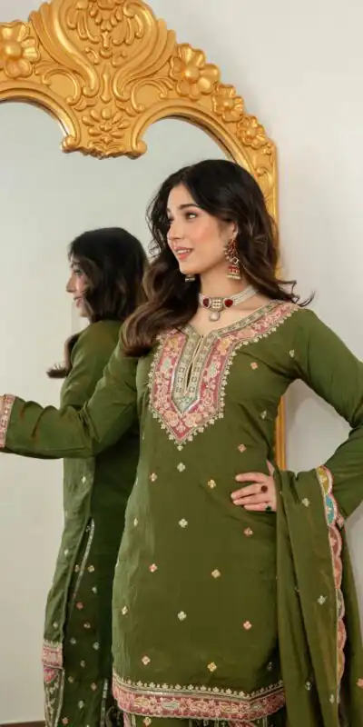 WW 6007 Mehendi Vichitra Silk Salwar Suit with Embroidery Work. Wedding, Party, Festive, Events, Grab it for ₹2599. Delivery 4-6 Working Days. Shop now. | Jump Suits, Straight Suits, Casual Suits, Creative suits, Designer Suits, Palazzo Suits, Party Wear Suits, Patiala Suits, Salwar suit