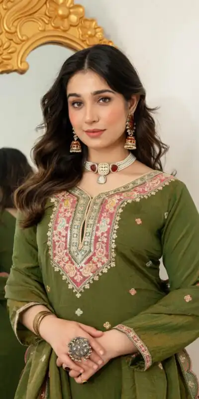 WW 6007 Mehendi Vichitra Silk Salwar Suit with Embroidery Work. Wedding, Party, Festive, Events, Grab it for ₹2599. Delivery 4-6 Working Days. Shop now. | Jump Suits, Straight Suits, Casual Suits, Creative suits, Designer Suits, Palazzo Suits, Party Wear Suits, Patiala Suits, Salwar suit