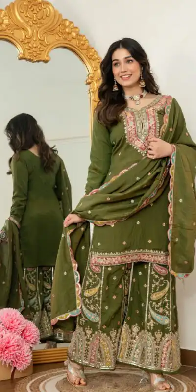 WW 6007 Mehendi Vichitra Silk Salwar Suit with Embroidery Work. Wedding, Party, Festive, Events, Grab it for ₹2599. Delivery 4-6 Working Days. Shop now. | Jump Suits, Straight Suits, Casual Suits, Creative suits, Designer Suits, Palazzo Suits, Party Wear Suits, Patiala Suits, Salwar suit