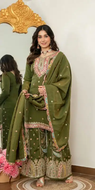 WW 6007 Mehendi Vichitra Silk Salwar Suit with Embroidery Work. Wedding, Party, Festive, Events, Grab it for ₹2599. Delivery 4-6 Working Days. Shop now. | Jump Suits, Straight Suits, Casual Suits, Creative suits, Designer Suits, Palazzo Suits, Party Wear Suits, Patiala Suits, Salwar suit