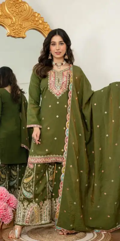 WW 6007 Mehendi Vichitra Silk Salwar Suit with Embroidery Work. Wedding, Party, Festive, Events, Grab it for ₹2599. Delivery 4-6 Working Days. Shop now. | Jump Suits, Straight Suits, Casual Suits, Creative suits, Designer Suits, Palazzo Suits, Party Wear Suits, Patiala Suits, Salwar suit