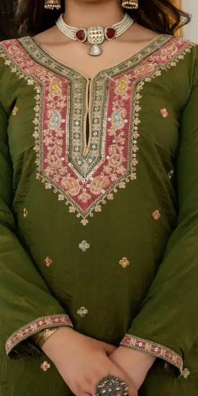 WW 6007 Mehendi Vichitra Silk Salwar Suit with Embroidery Work. Wedding, Party, Festive, Events, Grab it for ₹2599. Delivery 4-6 Working Days. Shop now. | Jump Suits, Straight Suits, Casual Suits, Creative suits, Designer Suits, Palazzo Suits, Party Wear Suits, Patiala Suits, Salwar suit