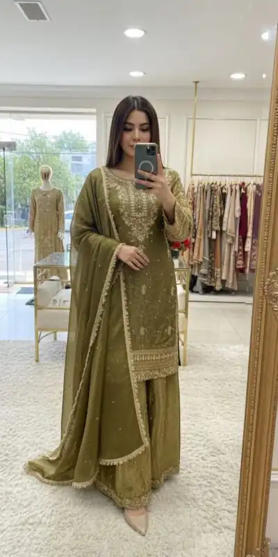 Mehendi Zimmy Silk Lace Embroidery Work Salwar Suit