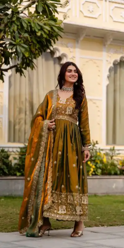 RR 38 Mustered Fendy Satin Gown Perfect for Wedding, Party, Pongal, Makar Sankranti, Ganesh Chaturthi – . Available at ₹2649 only. Delivery 4-6 Wor | Bollywood Gowns, Creative Gowns, Designer Gowns, Embroidered Gowns, Gowns, Party Wear Gowns