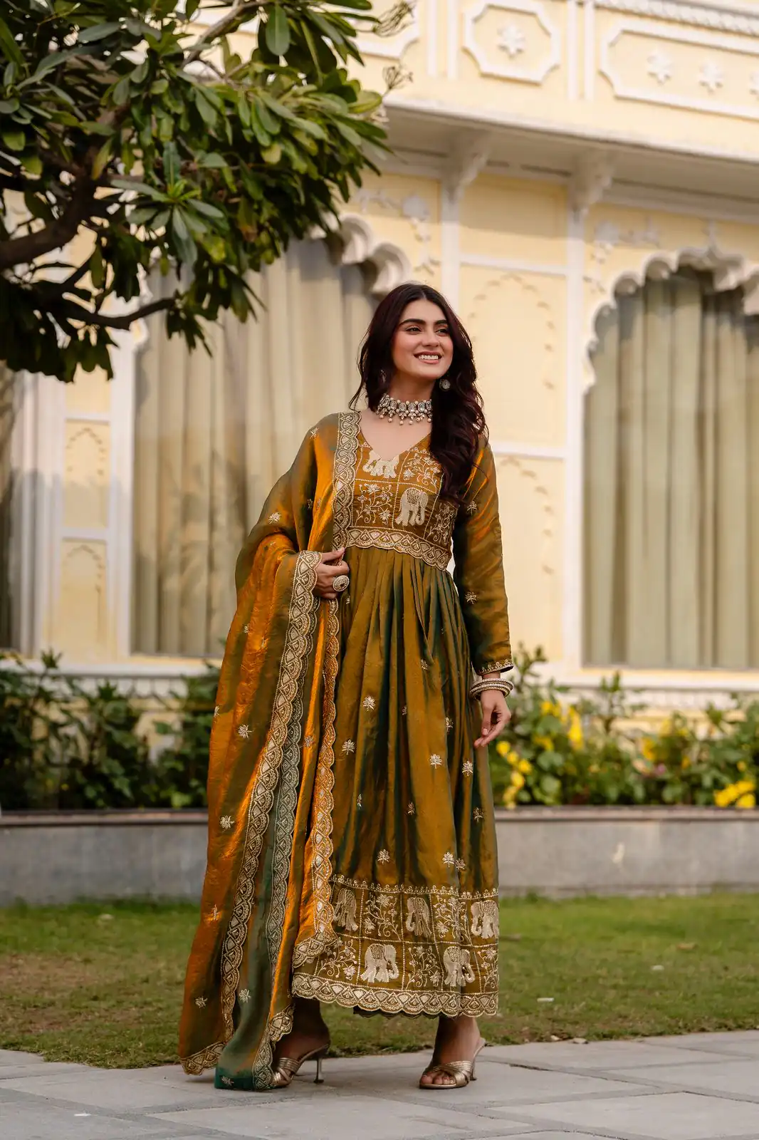 RR 38 Mustered Fendy Satin Gown Perfect for Wedding, Party, Pongal, Makar Sankranti, Ganesh Chaturthi – . Available at ₹2649 only. Delivery 4-6 Wor | Bollywood Gowns, Creative Gowns, Designer Gowns, Embroidered Gowns, Gowns, Party Wear Gowns