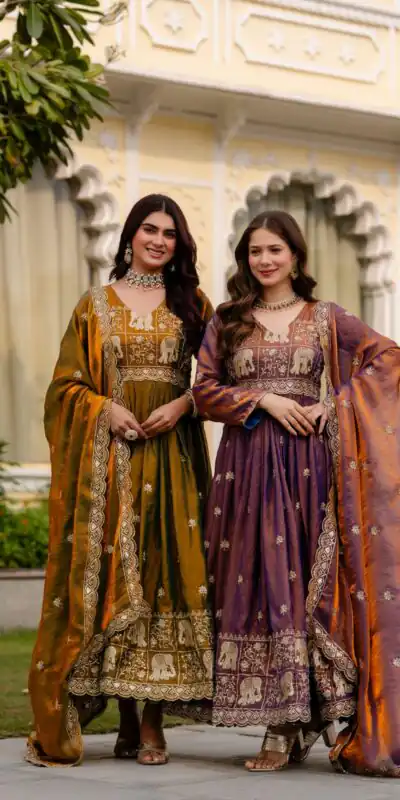 RR 38 Mustered Fendy Satin Gown Perfect for Wedding, Party, Pongal, Makar Sankranti, Ganesh Chaturthi – . Available at ₹2649 only. Delivery 4-6 Wor | Bollywood Gowns, Creative Gowns, Designer Gowns, Embroidered Gowns, Gowns, Party Wear Gowns