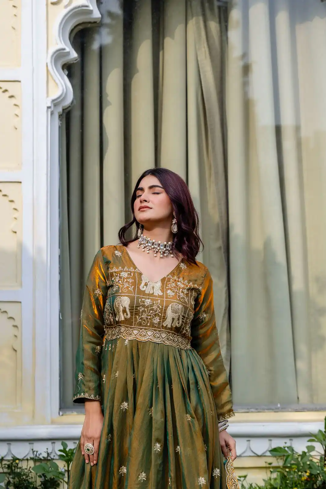 RR 38 Mustered Fendy Satin Gown Perfect for Wedding, Party, Pongal, Makar Sankranti, Ganesh Chaturthi – . Available at ₹2649 only. Delivery 4-6 Wor | Bollywood Gowns, Creative Gowns, Designer Gowns, Embroidered Gowns, Gowns, Party Wear Gowns