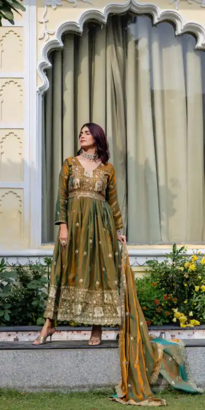 RR 38 Mustered Fendy Satin Gown Perfect for Wedding, Party, Pongal, Makar Sankranti, Ganesh Chaturthi – . Available at ₹2649 only. Delivery 4-6 Wor | Bollywood Gowns, Creative Gowns, Designer Gowns, Embroidered Gowns, Gowns, Party Wear Gowns