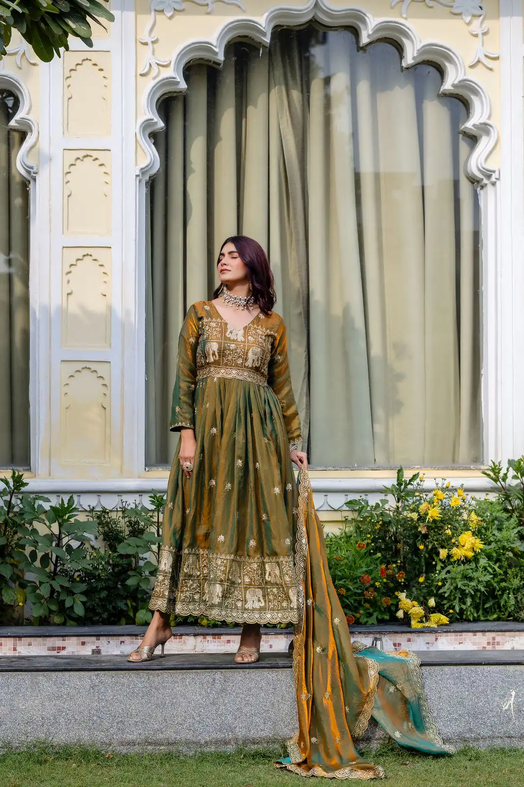RR 38 Mustered Fendy Satin Gown Perfect for Wedding, Party, Pongal, Makar Sankranti, Ganesh Chaturthi – . Available at ₹2649 only. Delivery 4-6 Wor | Bollywood Gowns, Creative Gowns, Designer Gowns, Embroidered Gowns, Gowns, Party Wear Gowns