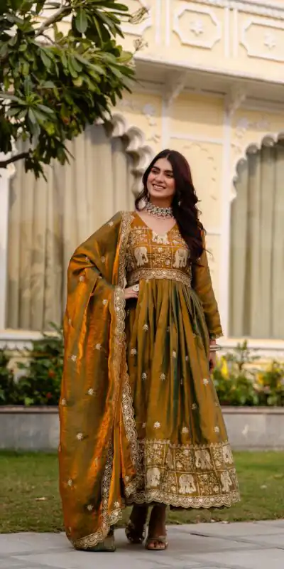 RR 38 Mustered Fendy Satin Gown Perfect for Wedding, Party, Pongal, Makar Sankranti, Ganesh Chaturthi – . Available at ₹2649 only. Delivery 4-6 Wor | Bollywood Gowns, Creative Gowns, Designer Gowns, Embroidered Gowns, Gowns, Party Wear Gowns