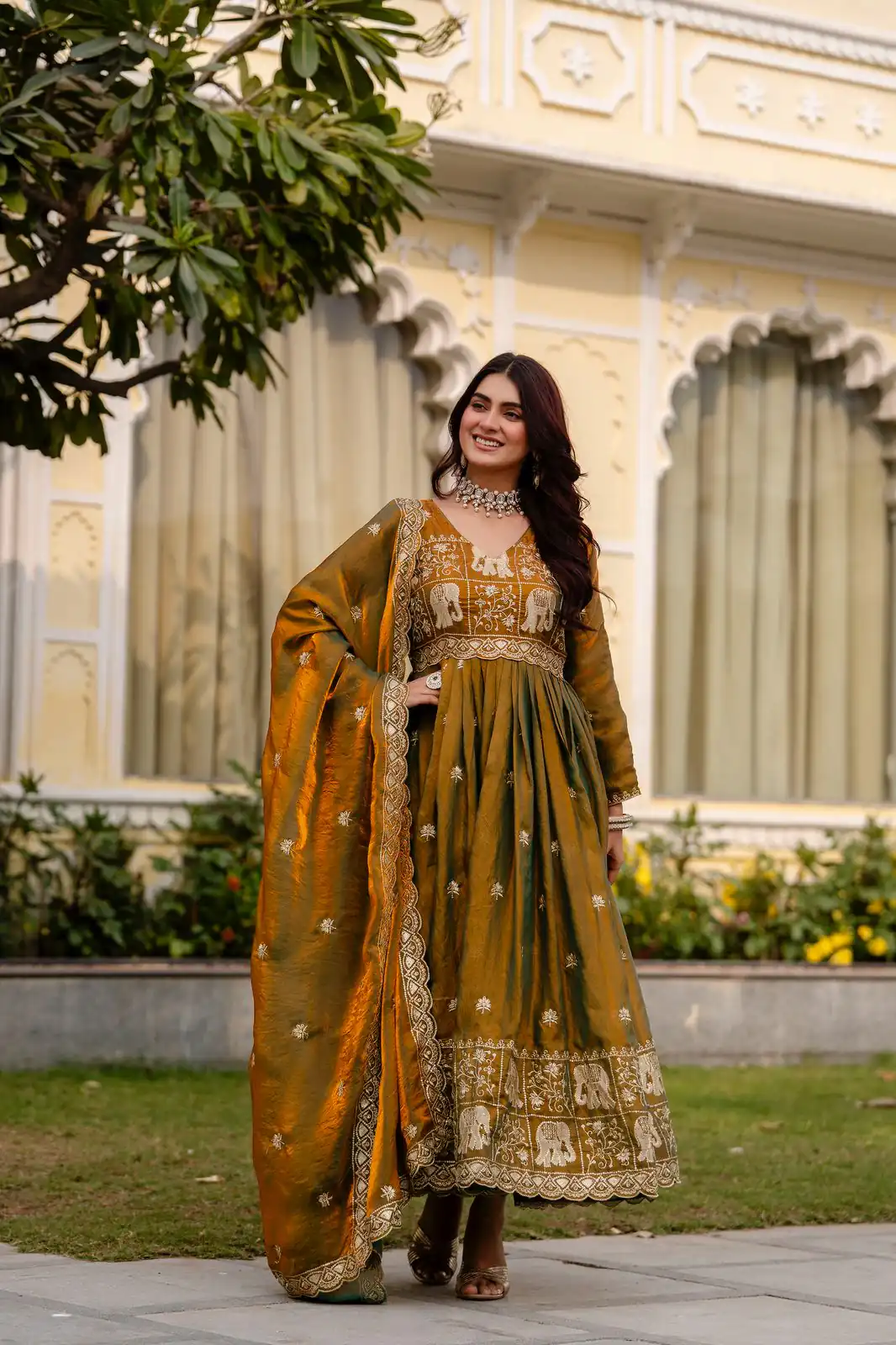RR 38 Mustered Fendy Satin Gown Perfect for Wedding, Party, Pongal, Makar Sankranti, Ganesh Chaturthi – . Available at ₹2649 only. Delivery 4-6 Wor | Bollywood Gowns, Creative Gowns, Designer Gowns, Embroidered Gowns, Gowns, Party Wear Gowns
