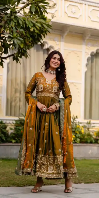 RR 38 Mustered Fendy Satin Gown Perfect for Wedding, Party, Pongal, Makar Sankranti, Ganesh Chaturthi – . Available at ₹2649 only. Delivery 4-6 Wor | Bollywood Gowns, Creative Gowns, Designer Gowns, Embroidered Gowns, Gowns, Party Wear Gowns