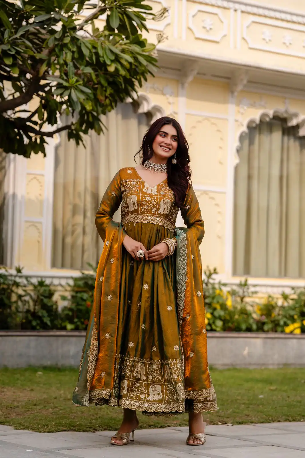 RR 38 Mustered Fendy Satin Gown Perfect for Wedding, Party, Pongal, Makar Sankranti, Ganesh Chaturthi – . Available at ₹2649 only. Delivery 4-6 Wor | Bollywood Gowns, Creative Gowns, Designer Gowns, Embroidered Gowns, Gowns, Party Wear Gowns