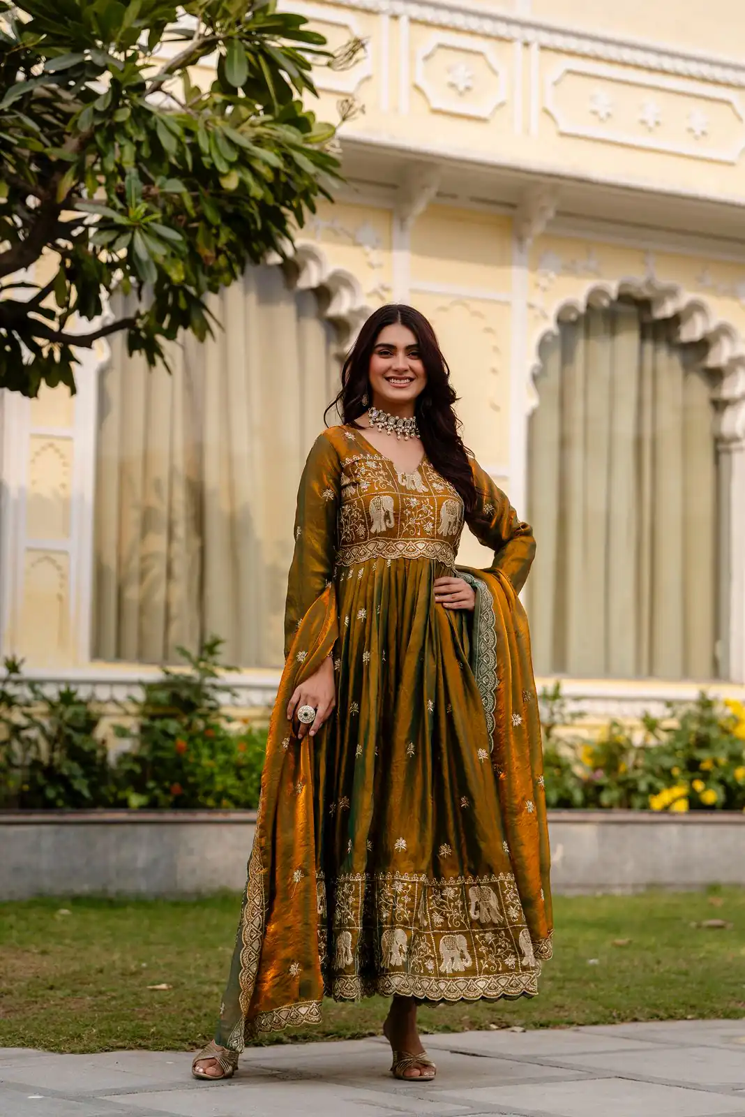 RR 38 Mustered Fendy Satin Gown Perfect for Wedding, Party, Pongal, Makar Sankranti, Ganesh Chaturthi – . Available at ₹2649 only. Delivery 4-6 Wor | Bollywood Gowns, Creative Gowns, Designer Gowns, Embroidered Gowns, Gowns, Party Wear Gowns