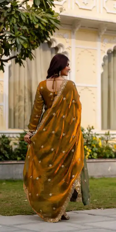 RR 38 Mustered Fendy Satin Gown Perfect for Wedding, Party, Pongal, Makar Sankranti, Ganesh Chaturthi – . Available at ₹2649 only. Delivery 4-6 Wor | Bollywood Gowns, Creative Gowns, Designer Gowns, Embroidered Gowns, Gowns, Party Wear Gowns