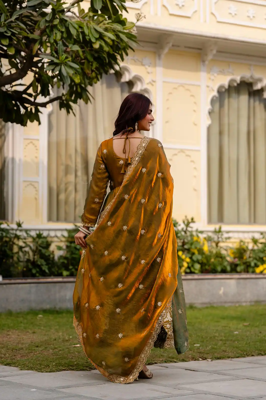 RR 38 Mustered Fendy Satin Gown Perfect for Wedding, Party, Pongal, Makar Sankranti, Ganesh Chaturthi – . Available at ₹2649 only. Delivery 4-6 Wor | Bollywood Gowns, Creative Gowns, Designer Gowns, Embroidered Gowns, Gowns, Party Wear Gowns