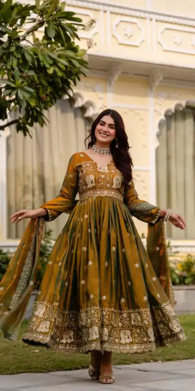 RR 38 Mustered Fendy Satin Gown Perfect for Wedding, Party, Pongal, Makar Sankranti, Ganesh Chaturthi – . Available at ₹2649 only. Delivery 4-6 Wor | Bollywood Gowns, Creative Gowns, Designer Gowns, Embroidered Gowns, Gowns, Party Wear Gowns