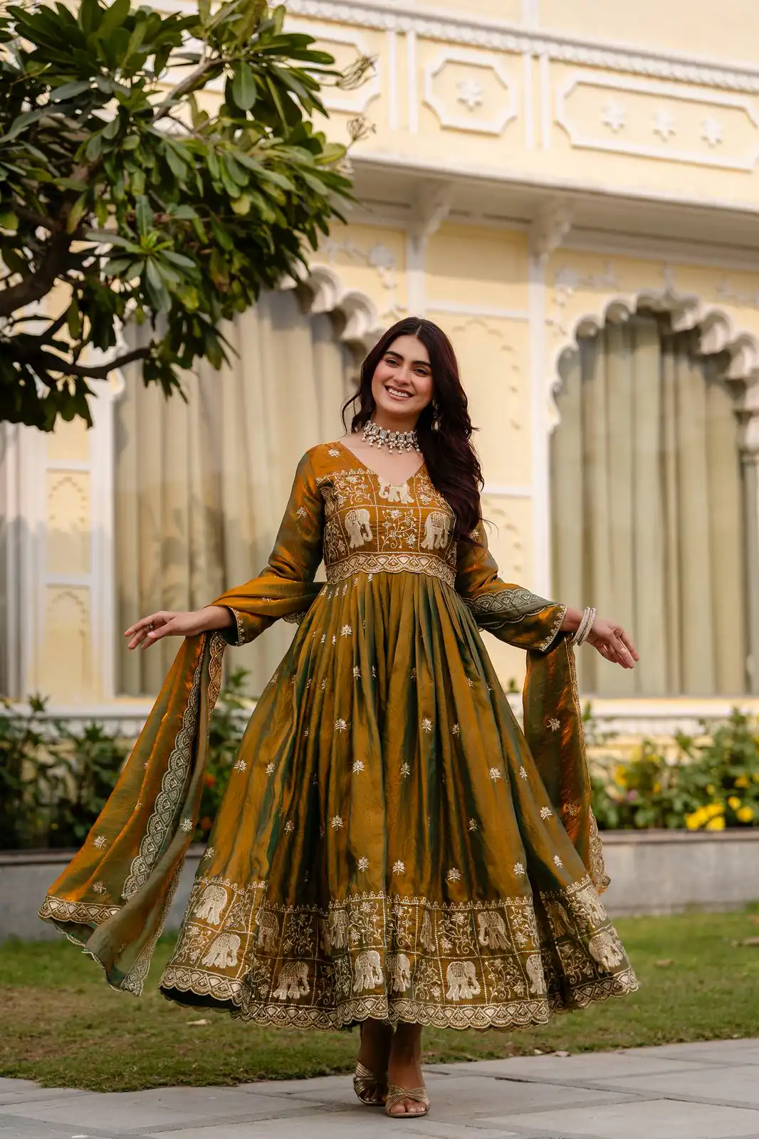 RR 38 Mustered Fendy Satin Gown Perfect for Wedding, Party, Pongal, Makar Sankranti, Ganesh Chaturthi – . Available at ₹2649 only. Delivery 4-6 Wor | Bollywood Gowns, Creative Gowns, Designer Gowns, Embroidered Gowns, Gowns, Party Wear Gowns