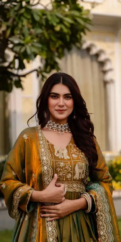 RR 38 Mustered Fendy Satin Gown Perfect for Wedding, Party, Pongal, Makar Sankranti, Ganesh Chaturthi – . Available at ₹2649 only. Delivery 4-6 Wor | Bollywood Gowns, Creative Gowns, Designer Gowns, Embroidered Gowns, Gowns, Party Wear Gowns