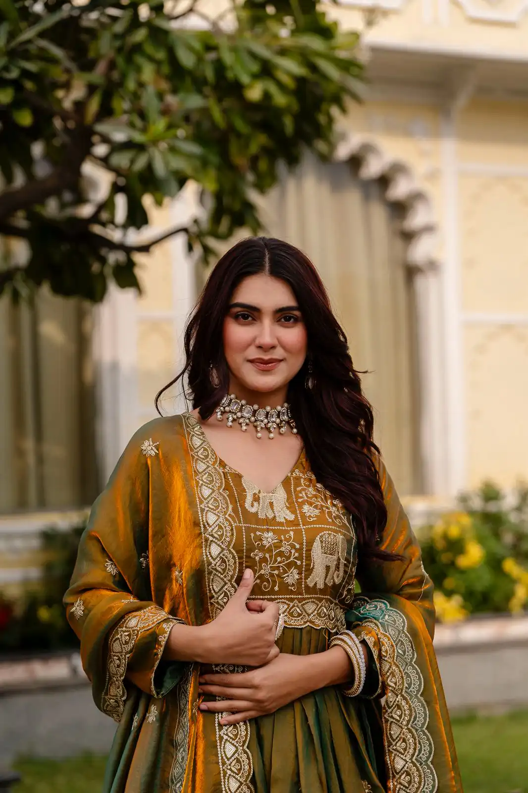 RR 38 Mustered Fendy Satin Gown Perfect for Wedding, Party, Pongal, Makar Sankranti, Ganesh Chaturthi – . Available at ₹2649 only. Delivery 4-6 Wor | Bollywood Gowns, Creative Gowns, Designer Gowns, Embroidered Gowns, Gowns, Party Wear Gowns