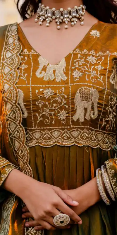 RR 38 Mustered Fendy Satin Gown Perfect for Wedding, Party, Pongal, Makar Sankranti, Ganesh Chaturthi – . Available at ₹2649 only. Delivery 4-6 Wor | Bollywood Gowns, Creative Gowns, Designer Gowns, Embroidered Gowns, Gowns, Party Wear Gowns