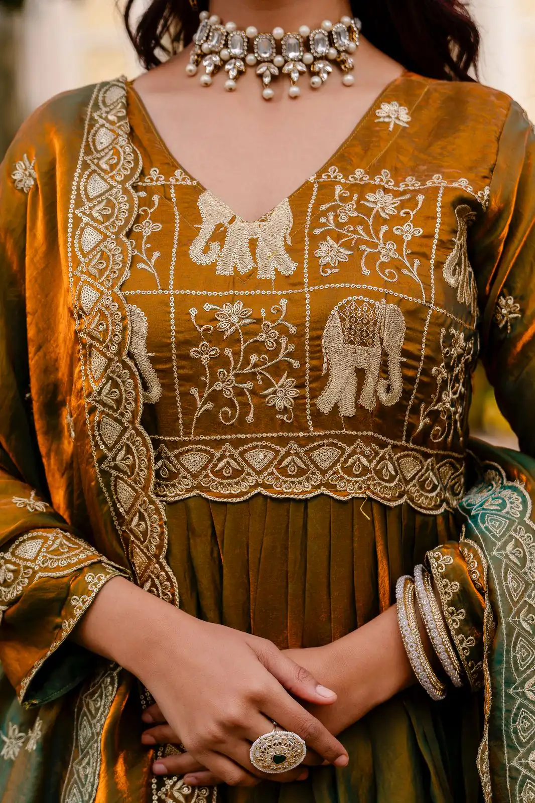 RR 38 Mustered Fendy Satin Gown Perfect for Wedding, Party, Pongal, Makar Sankranti, Ganesh Chaturthi – . Available at ₹2649 only. Delivery 4-6 Wor | Bollywood Gowns, Creative Gowns, Designer Gowns, Embroidered Gowns, Gowns, Party Wear Gowns