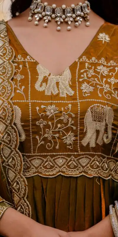 RR 38 Mustered Fendy Satin Gown Perfect for Wedding, Party, Pongal, Makar Sankranti, Ganesh Chaturthi – . Available at ₹2649 only. Delivery 4-6 Wor | Bollywood Gowns, Creative Gowns, Designer Gowns, Embroidered Gowns, Gowns, Party Wear Gowns