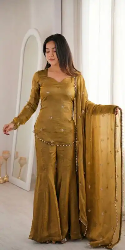 ZSR 3159 Mustered Fendy Silk Salwar Suitwith Embroidery Work & Lace Work. Now at just ₹2049. Delivery 4-6 Working Days. Shop now. | Jump Suits, Straight Suits, Casual Suits, Creative suits, Designer Suits, Palazzo Suits, Party Wear Suits, Patiala Suits, Salwar suit